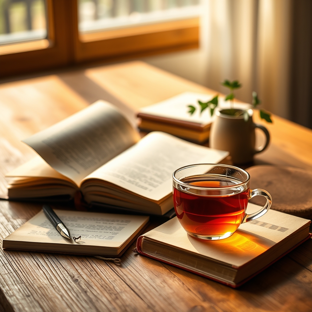 Open books and notebooks alongside a cup of herbal tea on a wooden desk in warm natural light