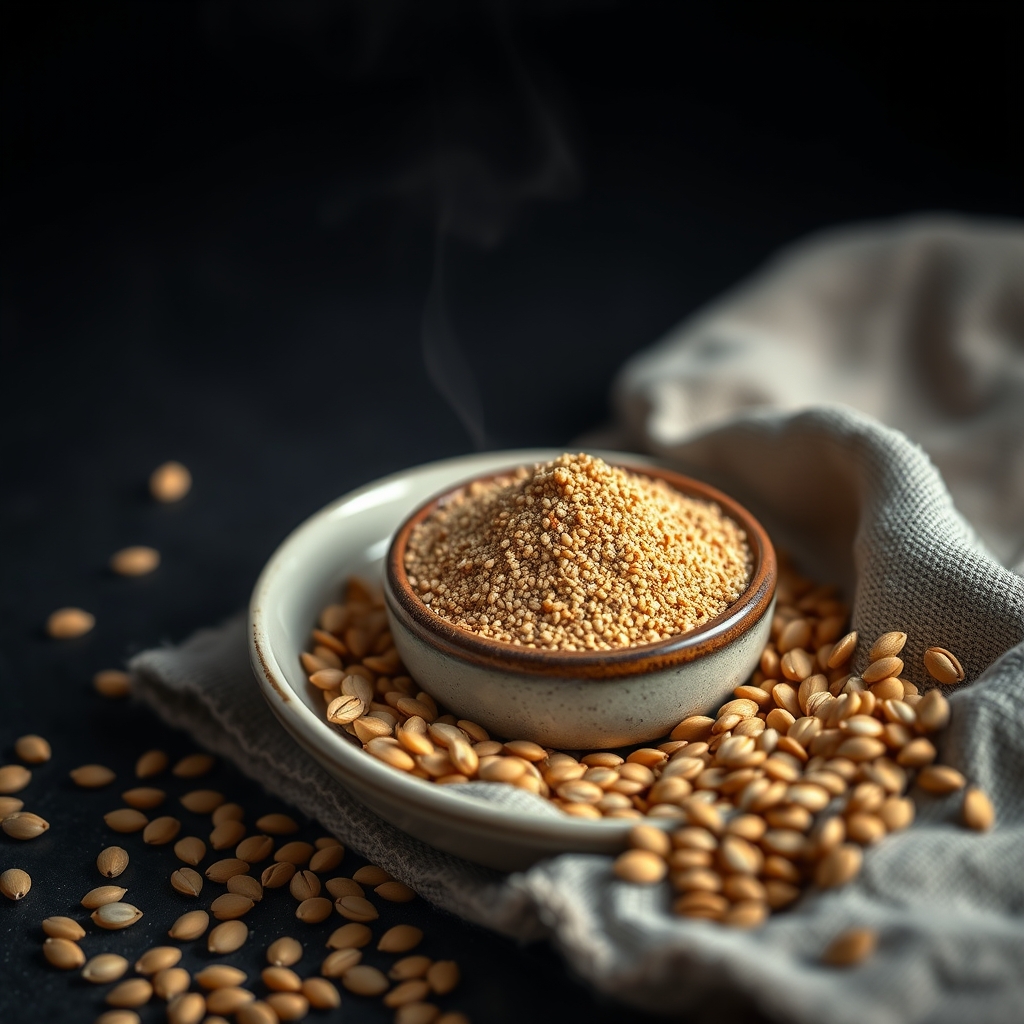 Ground flaxseed in a small ceramic dish alongside whole golden flaxseeds scattered on a linen cloth