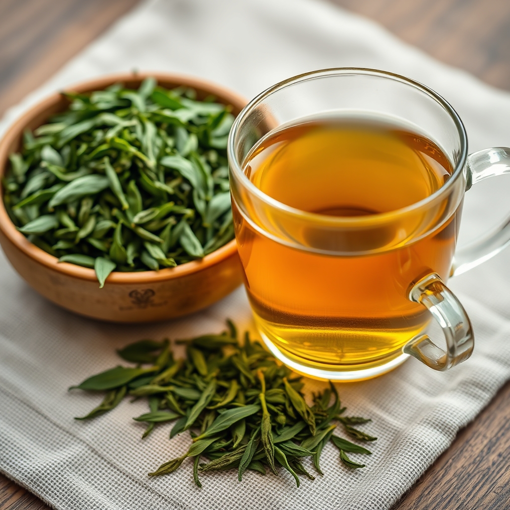 Loose-leaf green tea with dried leaves in a ceramic bowl and a glass cup of brewed tea
