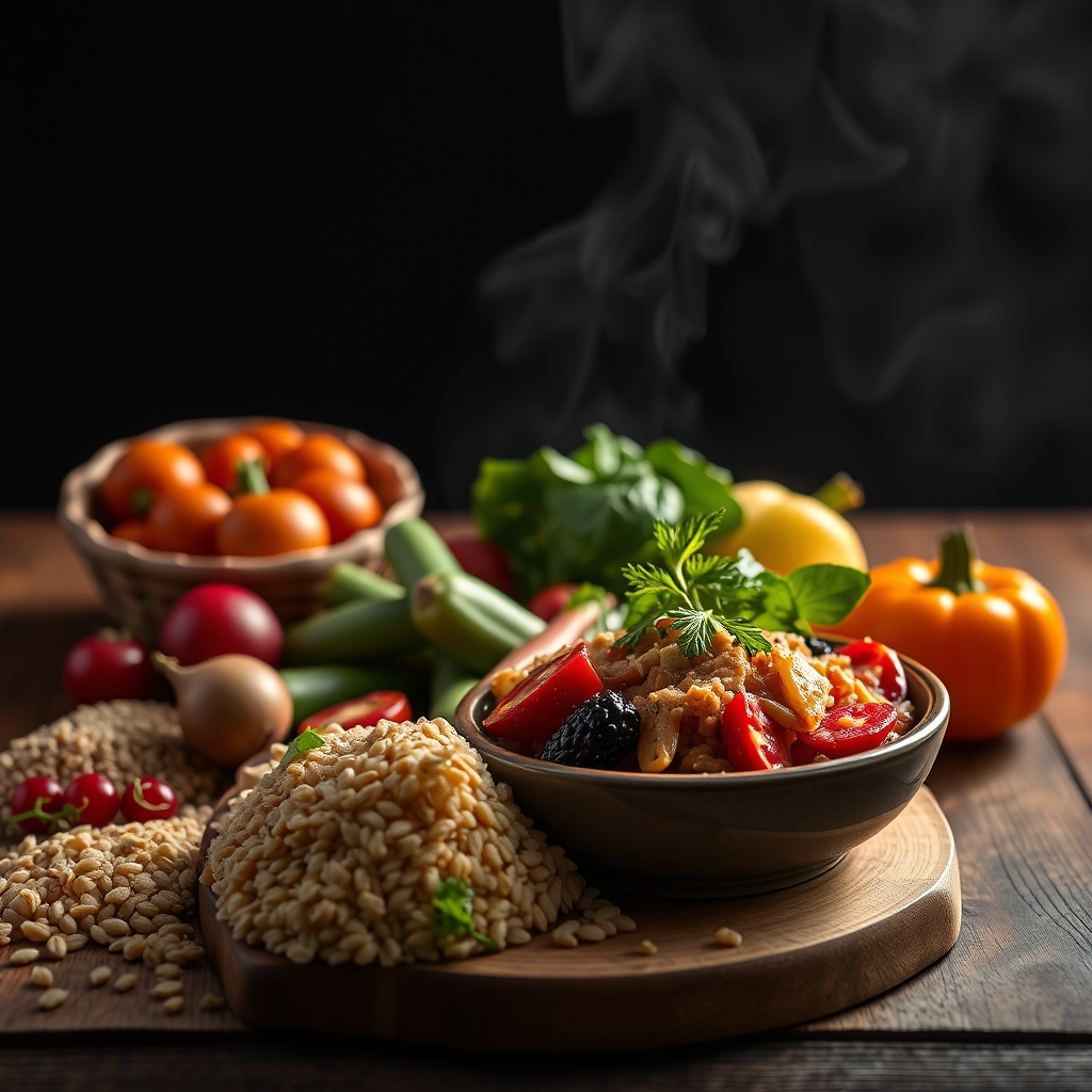 Colorful fresh vegetables, fruits and grains arranged on a natural wood surface with warm directional light